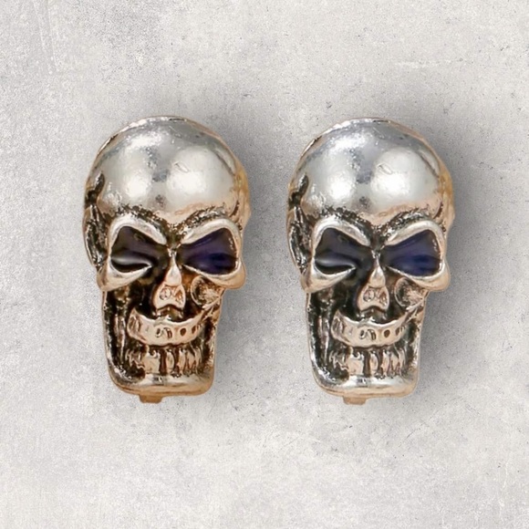 Trendy Gothic Silver Tone Skull Stud Earrings - Picture 1 of 8